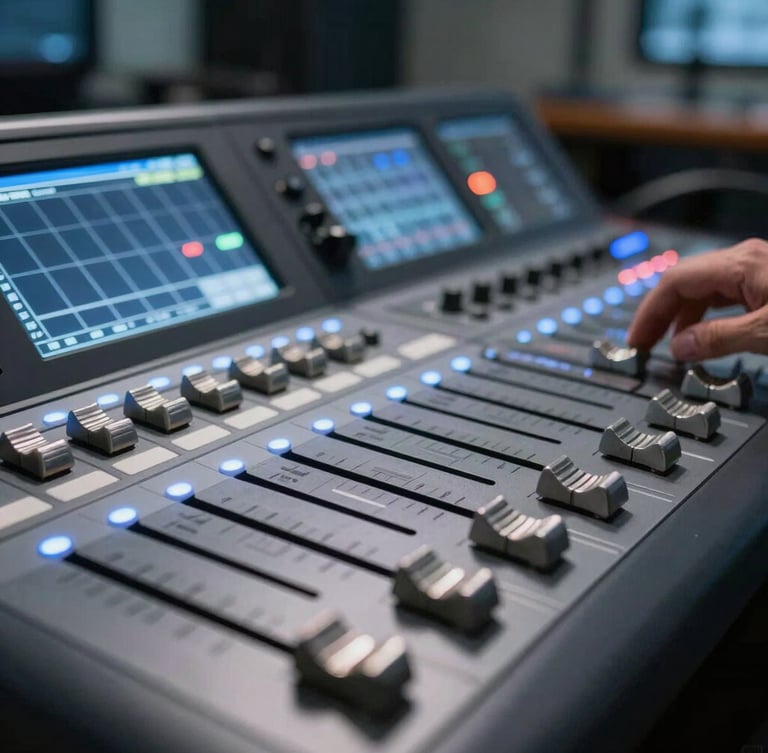 Extreme close-up of a high-end multi-camera switcher in a dim control room, cool blue screen glows reflecting off metal faders, shallow depth of field.