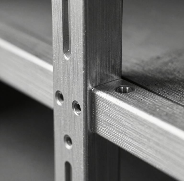 Extreme macro close-up of a machined aluminum shelving joint, showing the raw metallic anodized texture, sharp directional studio lighting, high-contrast monochrome