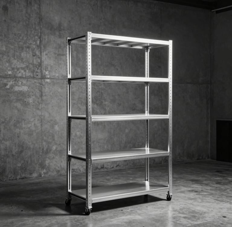 Stark industrial product photography of raw aluminum modular shelving standing monolithically in an empty raw concrete studio, hard directional light, high-contrast monochrome
