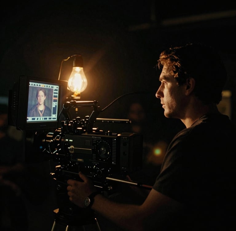 moody cinematic film photography, low-key dramatic lighting of a director peering at a camera monitor on a dark set, warm sodium-vapor accents, 35mm anamorphic lens