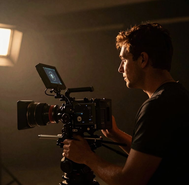 A director peering at a high-end camera monitor on a moody film set, low-key dramatic lighting, warm tungsten backlighting, rich shadows, 35mm anamorphic lens