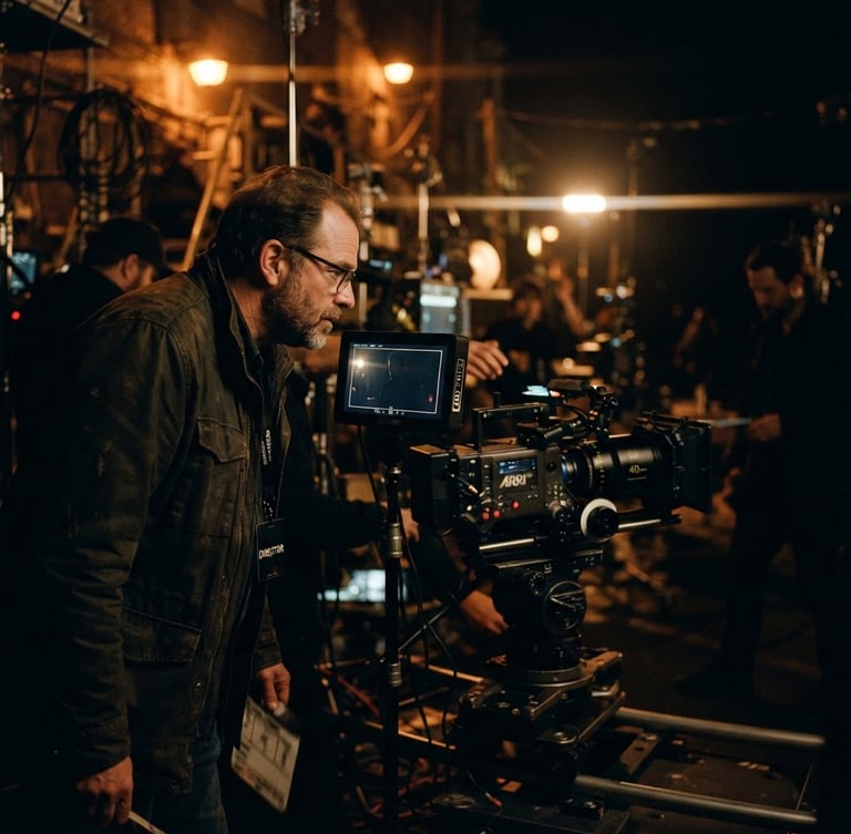 Moody cinematic film photography of a low-key dramatic film set, director peering at a camera monitor with warm sodium-vapor lighting, anamorphic lens flare, rich shadows, 35mm anamorphic lens style.