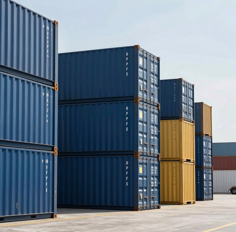 Bright editorial photography of a modern, organized shipping terminal with stacked blue cargo containers under clear daylight, high-end logistical precision, 50mm