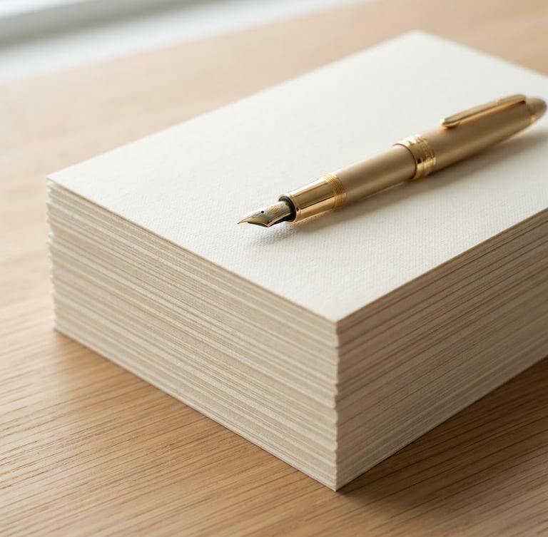 Macro photograph of heavy-weight linen paper sheets stacked neatly, soft shadows, warm gold fountain pen resting on top, bright natural daylight, clean minimalist styling, 50mm