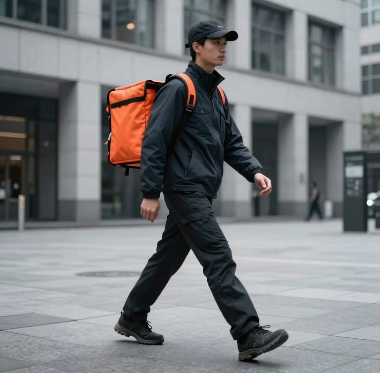 Dynamic low angle shot of a professional courier in clean dark technical outerwear walking briskly through a cool overcast city plaza, motion-blurred architectural background, 50mm