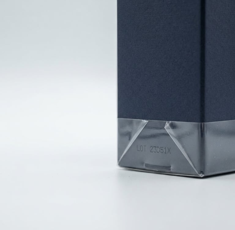 Macro shot of a high-end perfume box with a visible factory seal and batch number, clean studio light, crisp details, white and soft gray background, 50mm lens, right third of the frame.