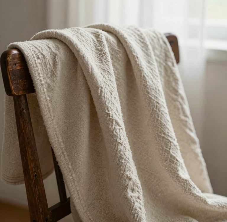 A heavy-gauge organic cotton blanket draped over a worn dark wooden chair, soft directional morning light, shallow depth of field, tactile slub texture