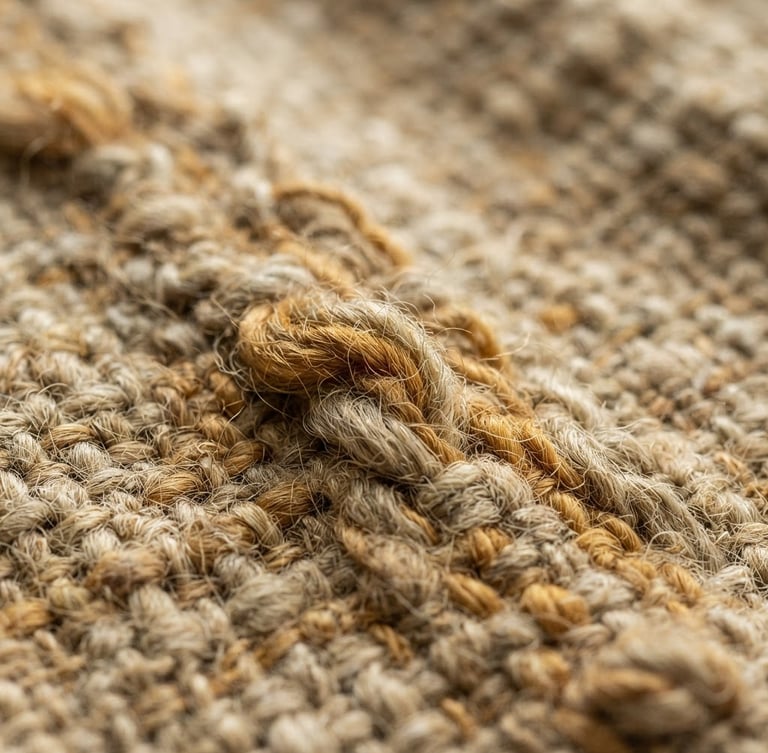 Macro close-up of heavy-gauge slub linen texture, warm ochre and raw flax threads, soft morning window light, shallow depth of field