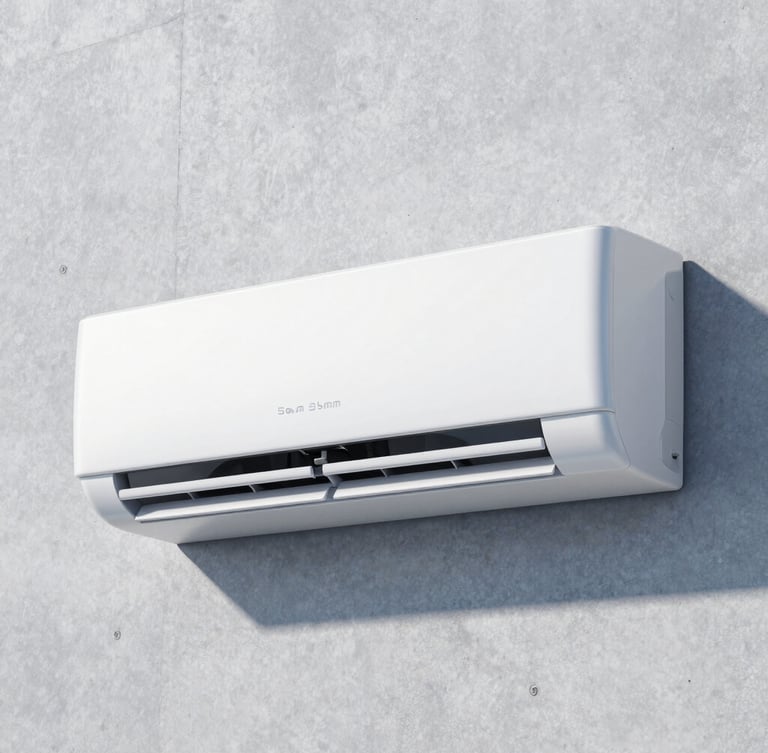 Crisp editorial photography of a sleek modern white air conditioning unit mounted on a minimalist concrete wall, bright natural daylight, cool blue ambient tones, sharp focus, 35mm