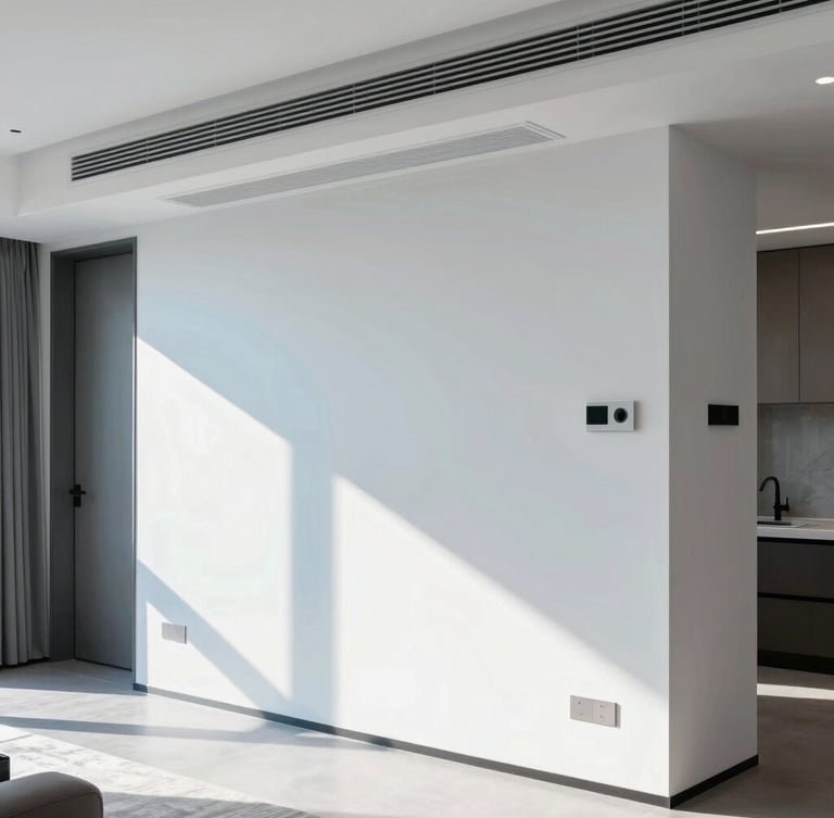 Bright architectural photography of a modern luxury living room with clean lines, subtle integrated climate control vents, natural daylight, cool blue shadows, sharp focus