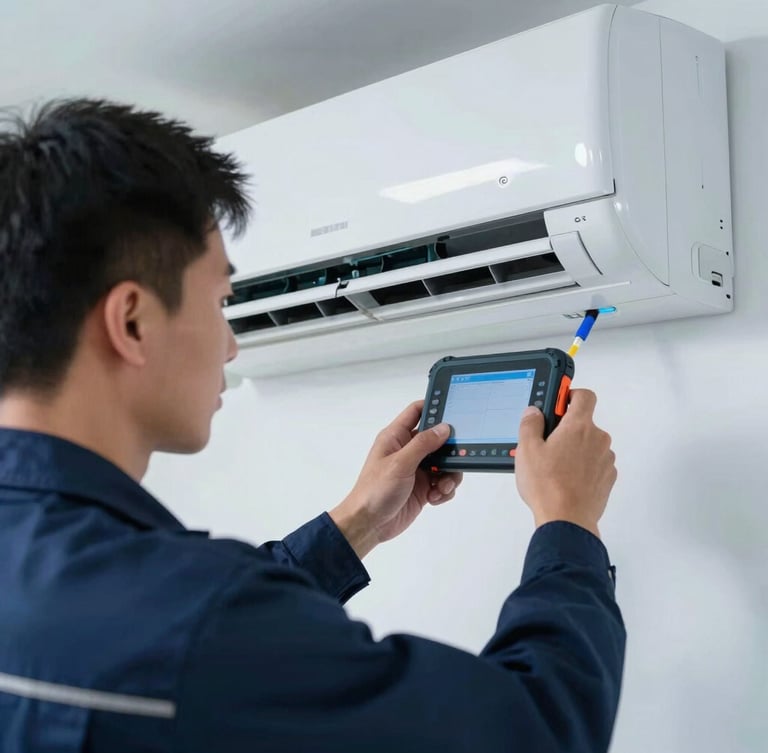 Close-up of a professional technician in a clean dark blue uniform using precise digital tools to measure air flow from a sleek modern AC unit, bright cool daylight, 35mm.