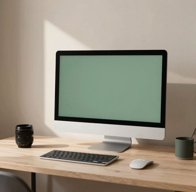Quiet Scandinavian workspace in Stockholm, soft north-facing daylight, minimalist desk with a design mockup on a high-end monitor, muted forest green tones, 35mm lens