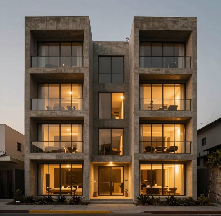 Symmetrical architectural photography of a modern concrete residential facade in Lima at dusk, straight-on framing, warm gold interior light glowing through large glass panes, deep shadows