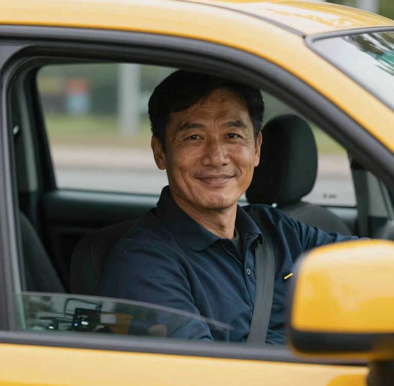 A close-up shot of a professional driver smiling politely from inside a clean, modern yellow taxi cab, warm morning light, showing a clean dashboard and a welcoming atmosphere, 35mm lens