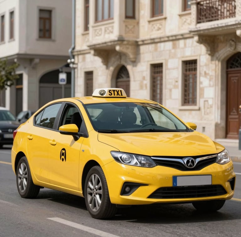 A bright daylight medium shot of a clean modern yellow taxi cab parked on a Sivas city street, with historical stone buildings softly blurred in the background, professional and clean look, 35mm lens