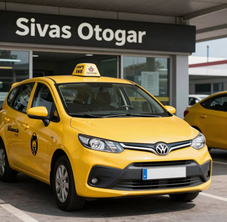 A vibrant yellow taxi cab waiting at Sivas Otogar terminal entrance, bright daylight, sharp focus on the clean vehicle, professional and welcoming atmosphere