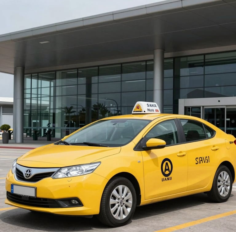 A clean yellow taxi cab parked in front of the modern Sivas Nuri Demirağ Airport terminal building, bright natural daylight, sharp focus, professional editorial photography
