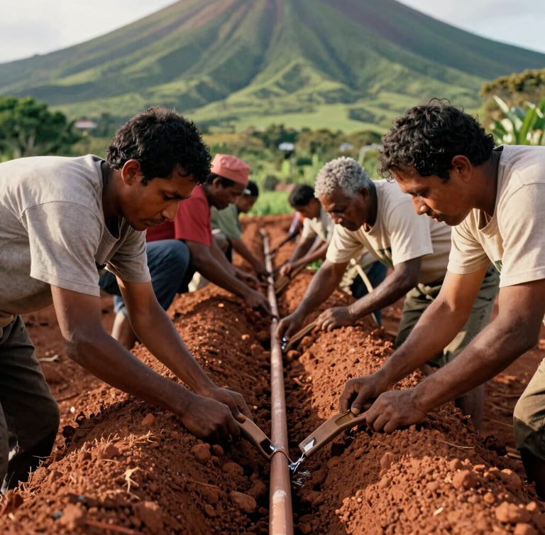 Hands of volunteers and local farmers working together to construct a community water line, rich terracotta soil, lush green volcanic highland backdrop, warm natural daylight