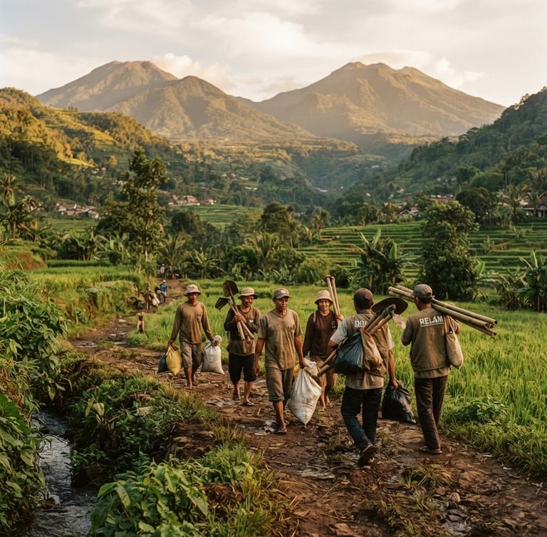 Warm documentary photography of a lush green volcanic valley in West Java, a group of local volunteers walking together along a dirt path carrying supplies, soft golden-hour sunlight, 35mm film aesthetic