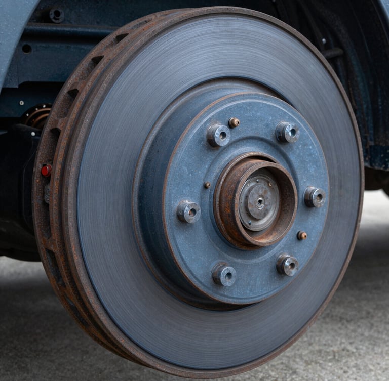 Macro shot of a heavy-duty truck brake drum, metallic texture, crisp industrial daylight, deep slate blue tones, sharp focus, 35mm