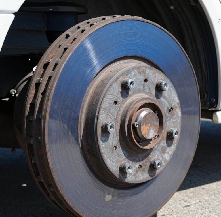 Macro shot of a clean heavy-duty truck brake drum and suspension system, sharp industrial focus, high-contrast daylight, 35mm