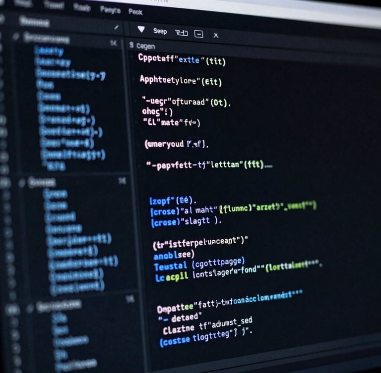 Close-up of a high-contrast dark code editor screen with electric blue syntax highlighting, dramatic low-key rim lighting, sharp focus