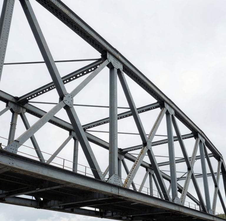 Wide cinematic angle of a weathered steel bridge truss under an overcast industrial sky, sharp focus on structural rivets and texture, high-contrast natural light.