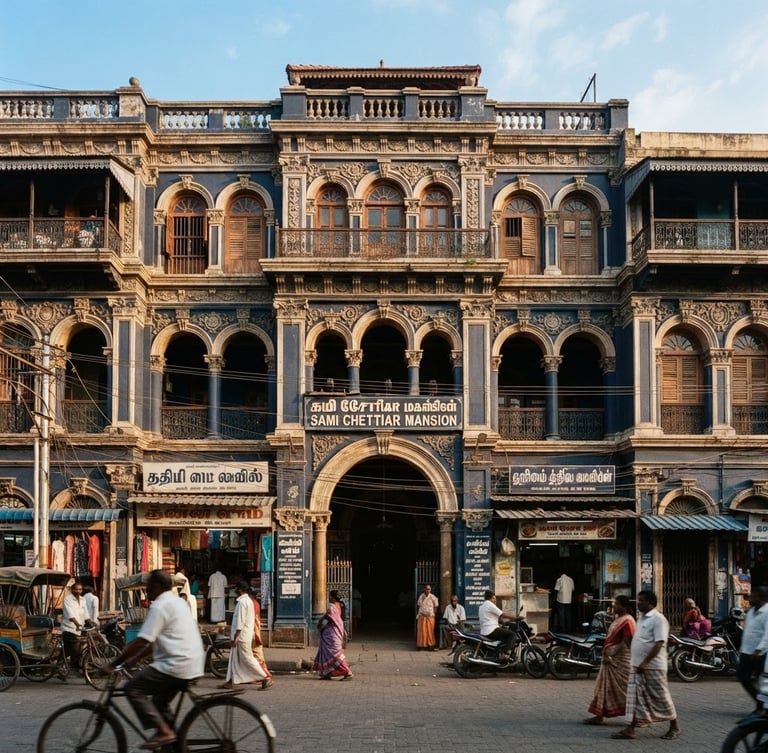 Wide-angle street-level architectural shot of a classic building in Triplicane, Chennai 600005, bathed in warm morning sunlight, sharp focus, 35mm lens.