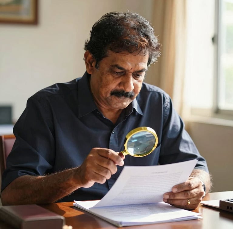 Professional portrait of Gunaseelan, 68, in a workspace setting, reviewing legal documents with a magnifying glass, warm natural morning light, sharp focus.