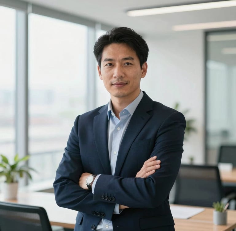 Professional environmental portrait of a male business consultant in a clean modern office, natural daylight, looking confident, 50mm lens