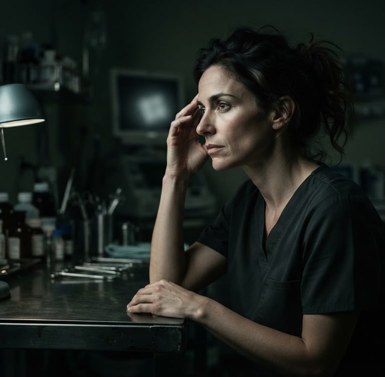 Dark, moody portrait of a person in thought, looking away, in a dimly lit, high-contrast chiaroscuro setting, with subtle medical instruments in the background, wide portrait aspect.