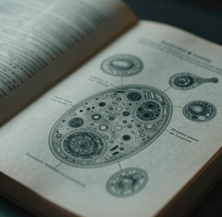 Macro photograph of vintage medical journal pages, open to a diagram of microscopic organisms, low-key cool-toned lighting, high contrast.