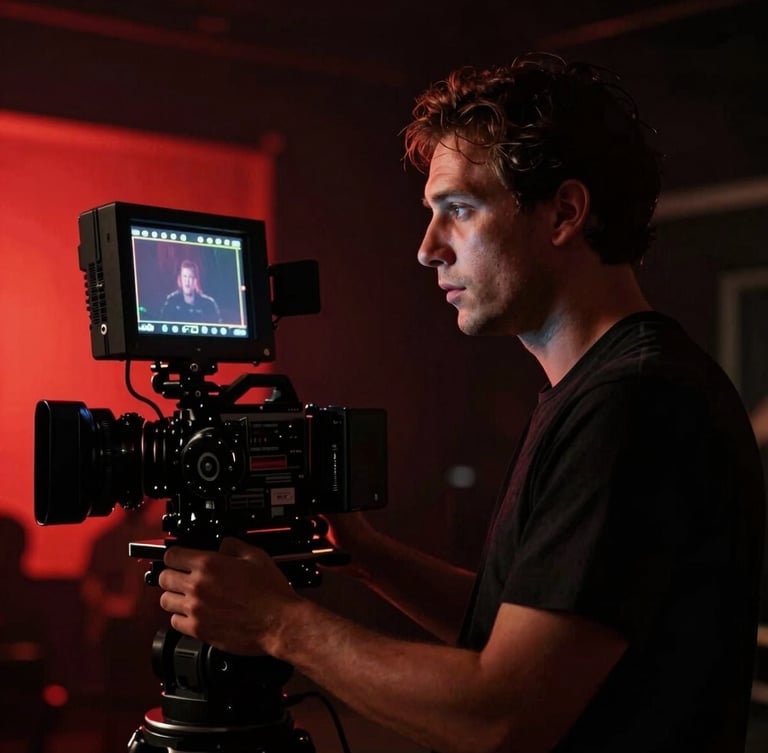 Cinematic portrait of a film director looking at a high-end camera monitor on a dark movie set, dramatic low-key lighting with a sharp crimson backlight, 35mm film style.