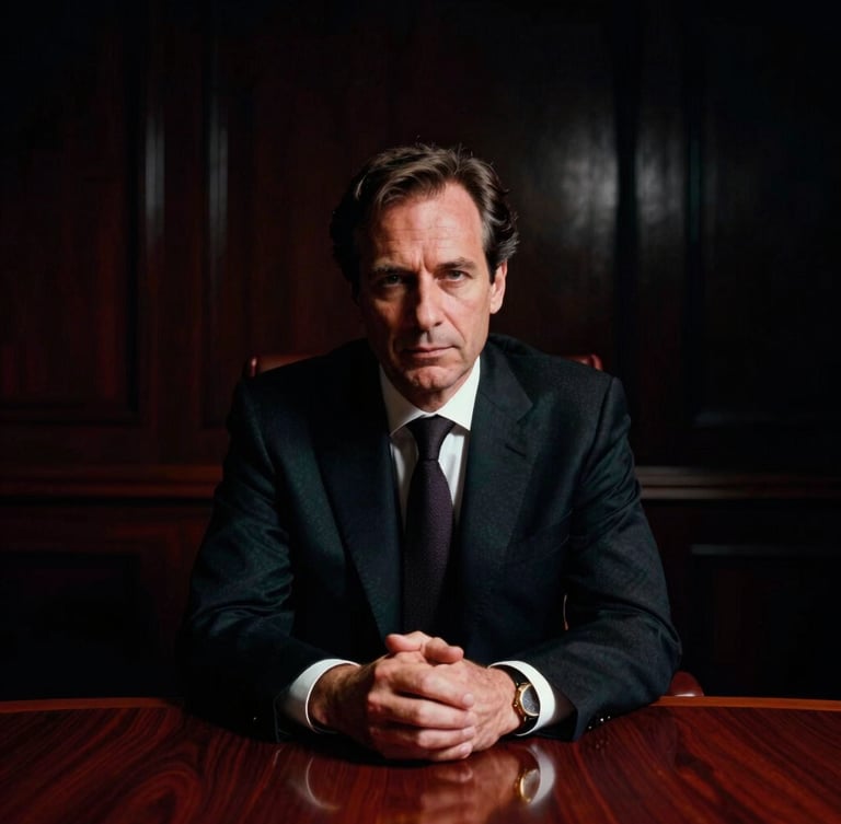 Cinematic low-key portrait of a powerful French CEO in a dark boardroom, dramatic rim lighting, high-contrast chiaroscuro, deep shadows, 35mm film.