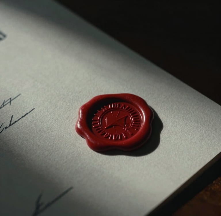 Close-up of a premium heavy textured paper certificate with a red wax seal, dramatic low-key lighting, deep shadows, cinematic 35mm film.