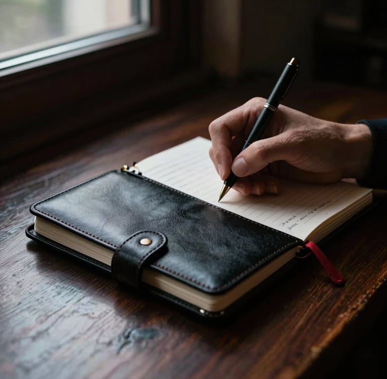 Close-up of hands writing strategic notes in a premium black leather notebook on a dark wooden table, dramatic side window light, deep shadows, shallow depth of field