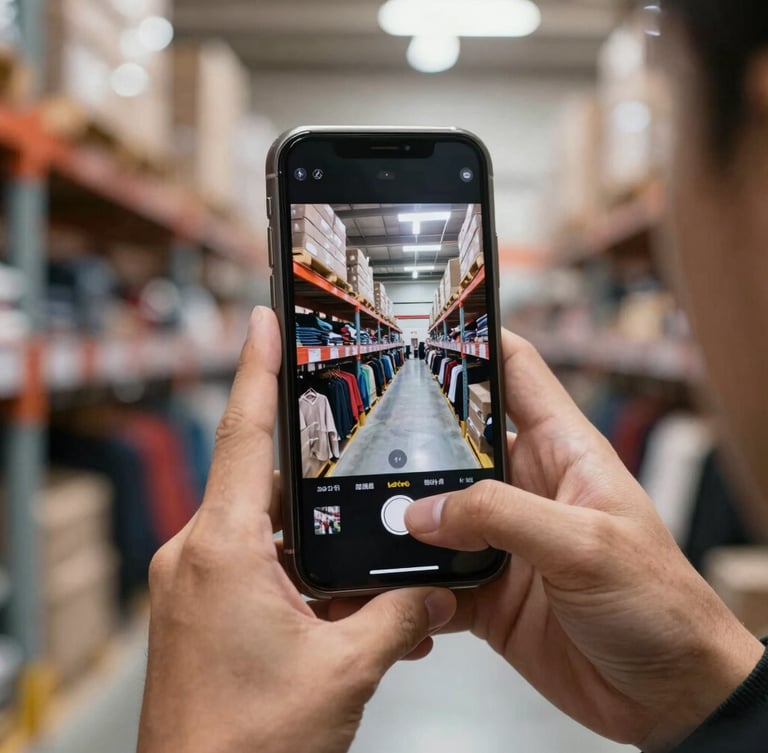 Close-up shot of hands holding a smartphone displaying real-time photos of second-hand clothes, bright warehouse background.