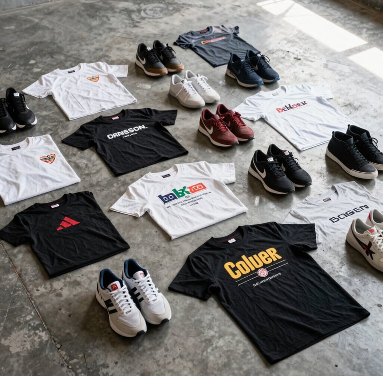 Flat lay of multiple branded second-hand sneakers and streetwear t-shirts on a grey concrete floor, bright direct warehouse lighting, high clarity side-profile view.