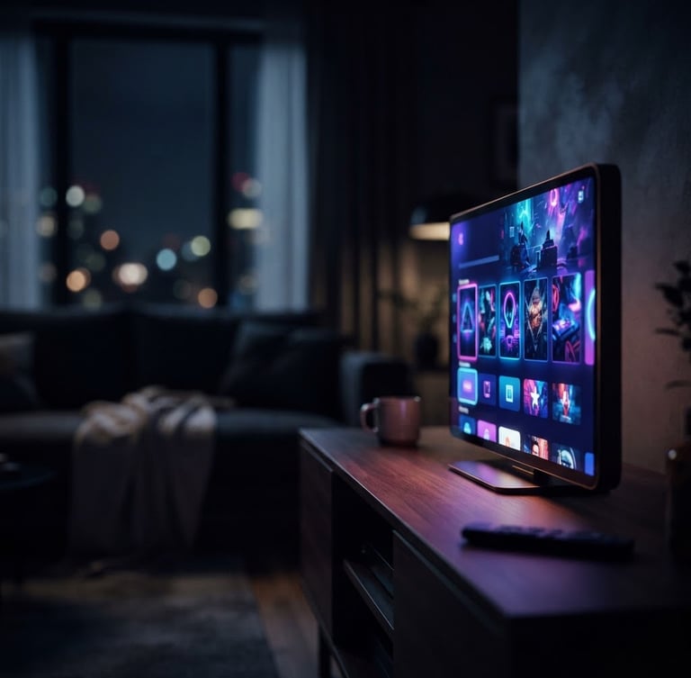 Modern streaming device displaying Qanawatuk interface, sleek design, glowing screen, in a low-light living room at night, cinematic interior photography, neon screen glow, deep blues and purples, shallow depth of field, 35mm, positioned to the right.