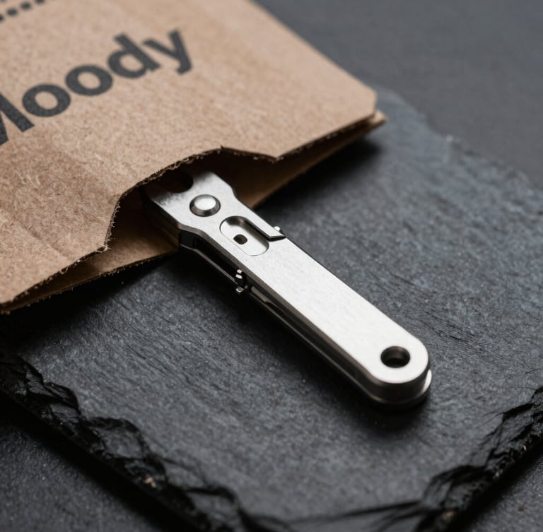 Moody product photography, directional side-lighting, close-up macro shot of a machined metal pocket tool and its heavy cardboard packaging on a dark slate surface, sharp focus, 50mm
