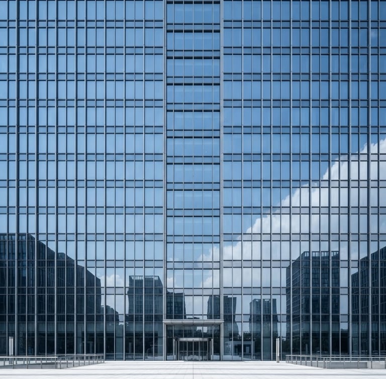 Symmetrical architectural shot of a modern glass facade reflecting a bright, clear sky, cool blue tones, sharp focus, 35mm lens