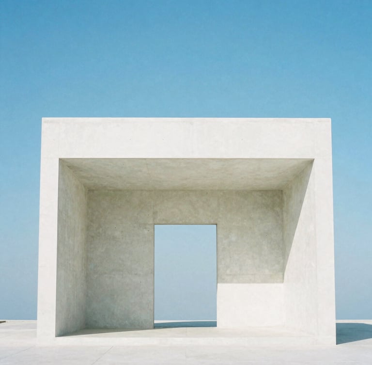 Symmetrical architectural shot of a minimalist white concrete pavilion against a clear blue sky, sharp shadows, 35mm lens
