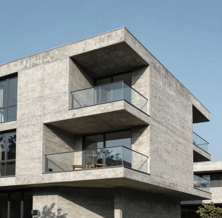 Wide-angle architectural elevation of a modern brutalist concrete residence, sharp daylight, high-contrast shadows, raw concrete texture, 35mm