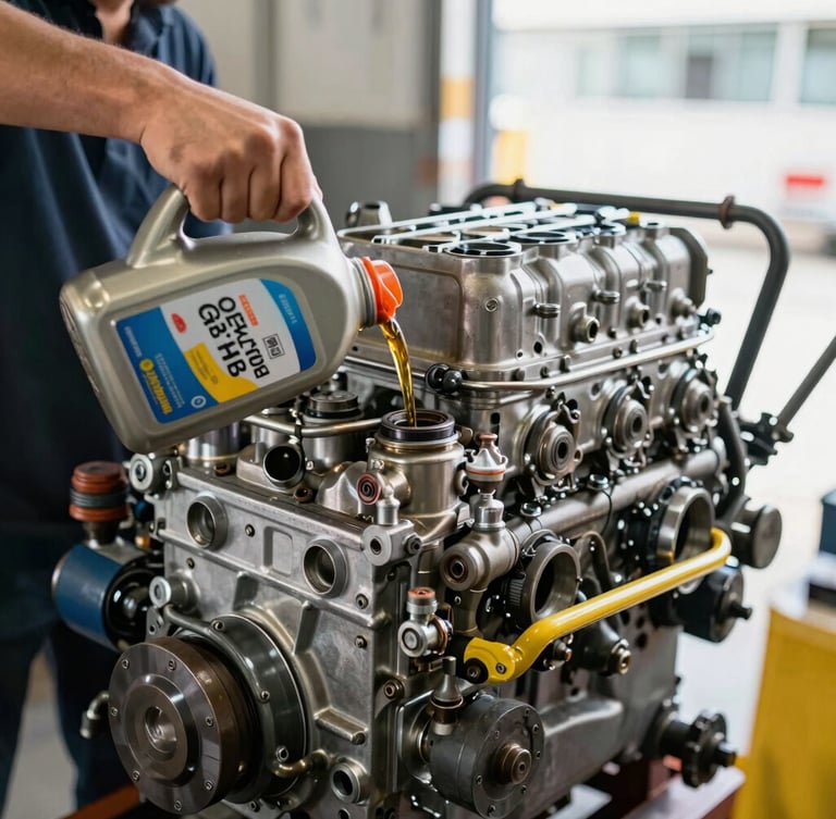 Close-up of a mechanic pouring fresh motor oil into a heavy-duty commercial truck engine, bright workshop lighting, metallic textures