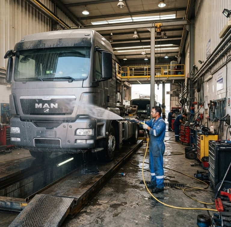 Wide-angle environmental shot of an active vehicle service bay in Ajman, high-pressure water spray on a dark truck, metallic silver and safety yellow tones, bright workshop lighting