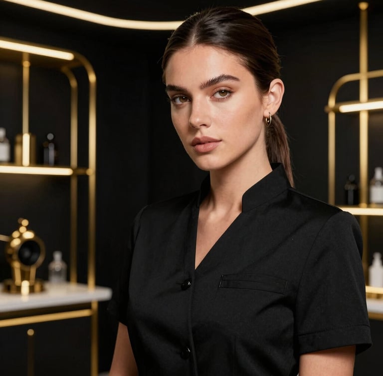 Full portrait of Jessika Ruiz in a sleek black designer uniform, working in an ultra-modern gold-accented clinical studio, macro detail, luxury editorial photography.