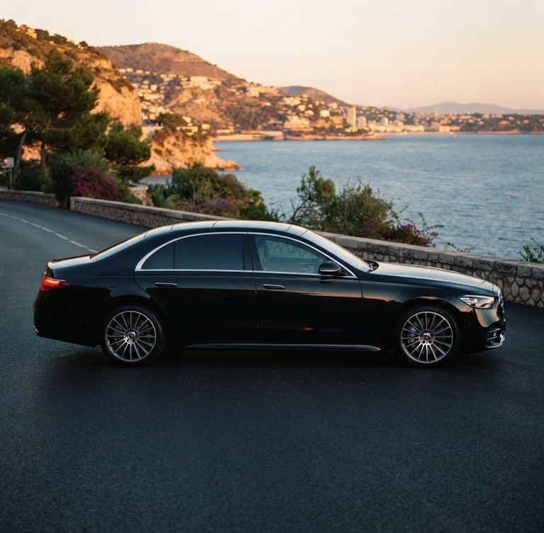 Cinematic side profile of a pristine black Mercedes-Benz S-Class parked on a quiet coastal road in Nice at dusk, golden hour reflections on the polished black metallic surface, deep shadows, anamorphic lens, 35mm
