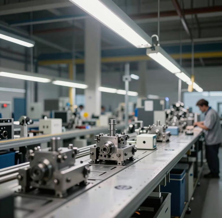 Wide environmental shot of a clean modern assembly line in a Dutch manufacturing plant, sharp overhead industrial light, metal components in focus on a workstation.