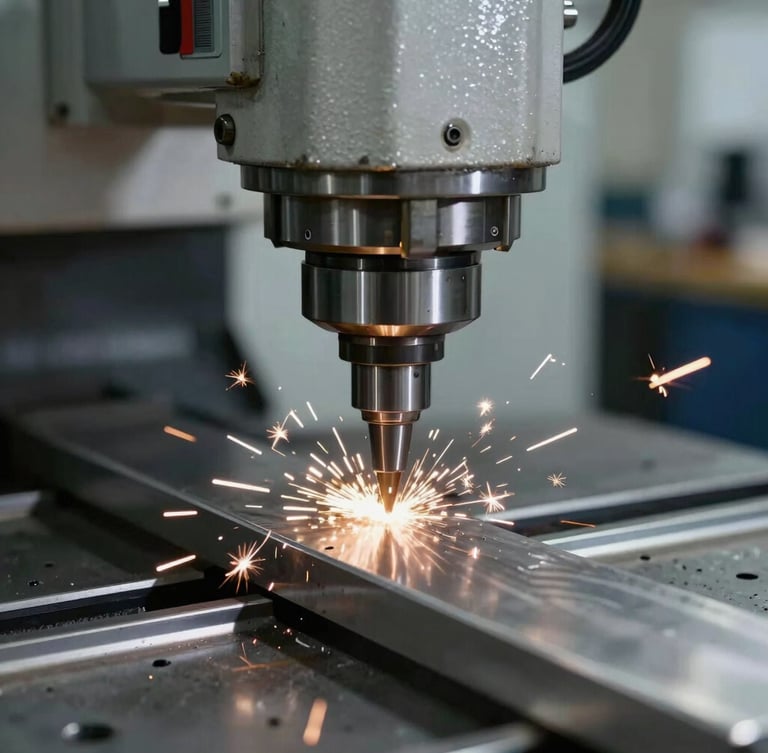 Close-up of a high-precision CNC milling machine cutting steel, bright sparks flying, clean metallic surfaces, realistic industrial workshop lighting.