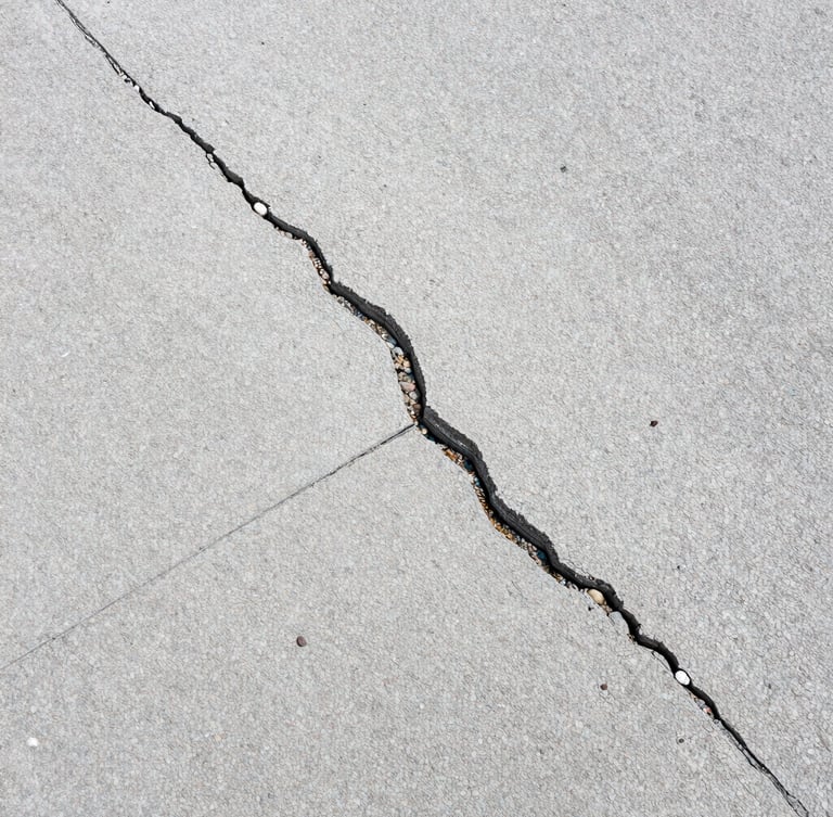 Top-down detail shot of pavement wear and concrete cracking on an overcast day, sharp focus, technical inspection context.